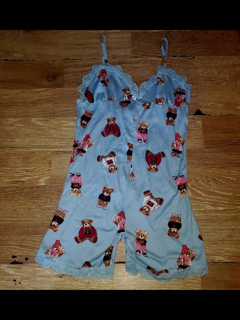 Light Blue Teddy Bear Lace-Trim Romper